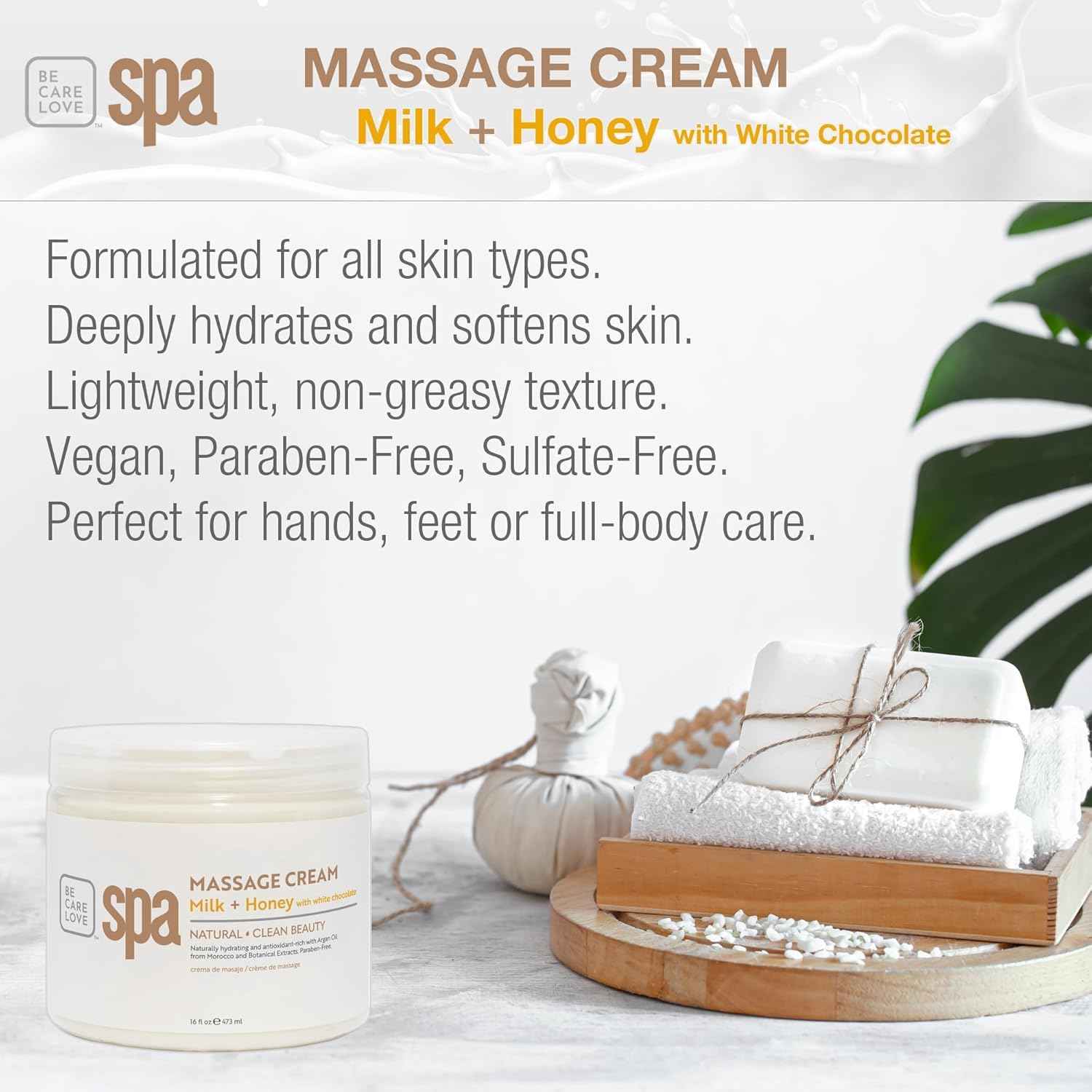 BCL SPA Massage Cream Organic Milk & Honey with White Chocolate Body Lotion, Shea Butter, Aloe Vera, Arnica, Peppermint, Kelp, Tea Tree, Olive, Argan, and Jojoba Oils, Home/Professional Use, 16 fl oz