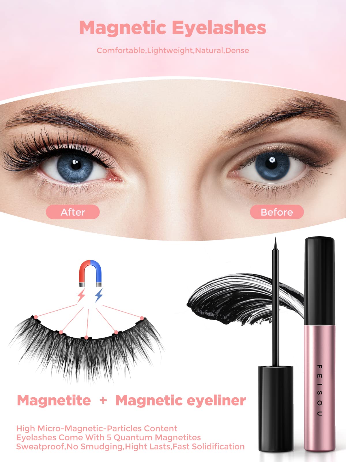 Magnetic Eyelashes with Eyeliner Kit, (5-Pairs) Reusable Magnetic Eyelashes, Magnetic lashes Natural Looking with Magnetic Eyeliner & Tweezers, Easy to Wear-No Glue Needed