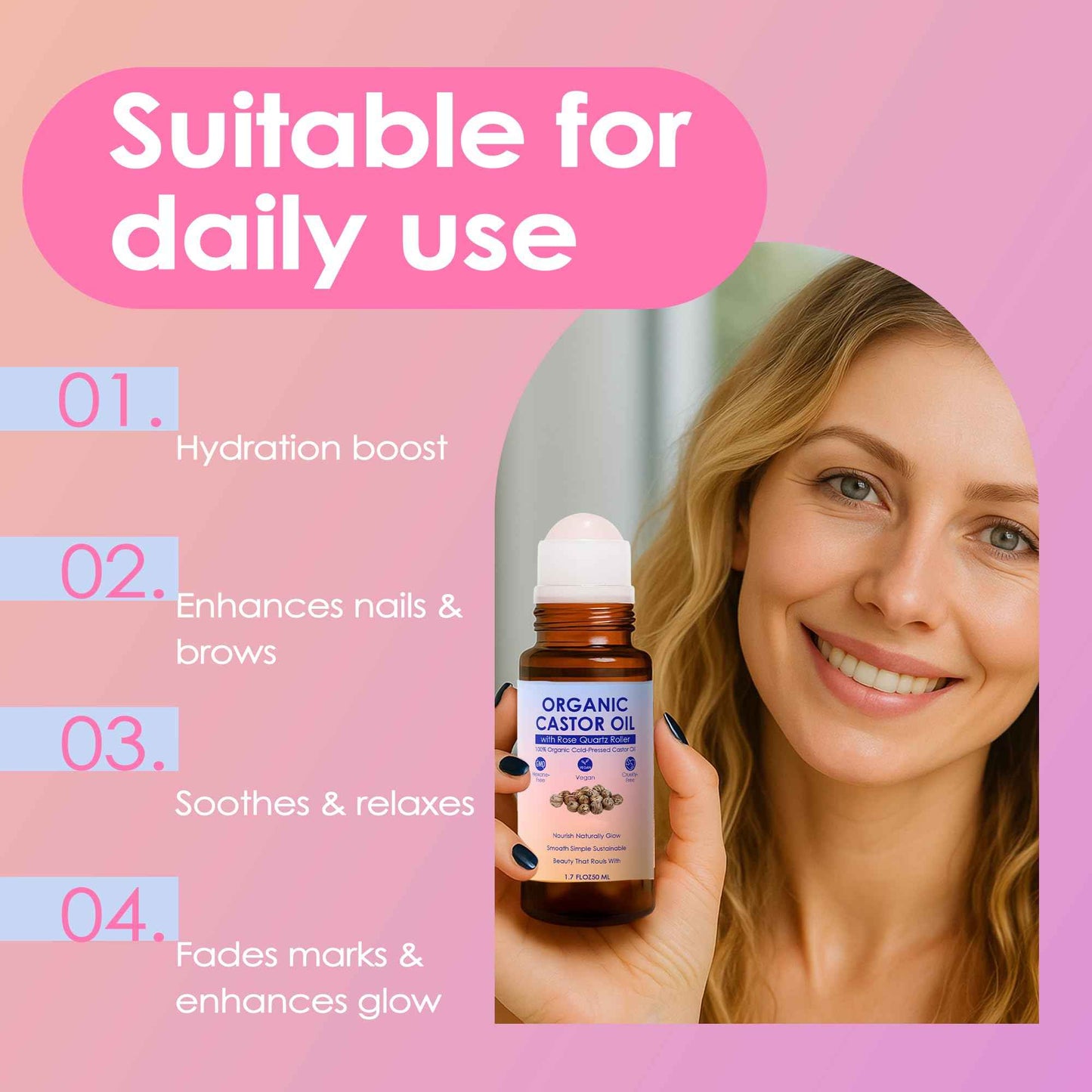 tuyapio Organic Golden Castor Oil Roll-On with Rose Quartz Roller, Cold-Pressed Pure Organic Castor Oil Roller Ball for Hair Growth, Eyelashes, Eyebrows & Skin, 1.7 fl oz (2)