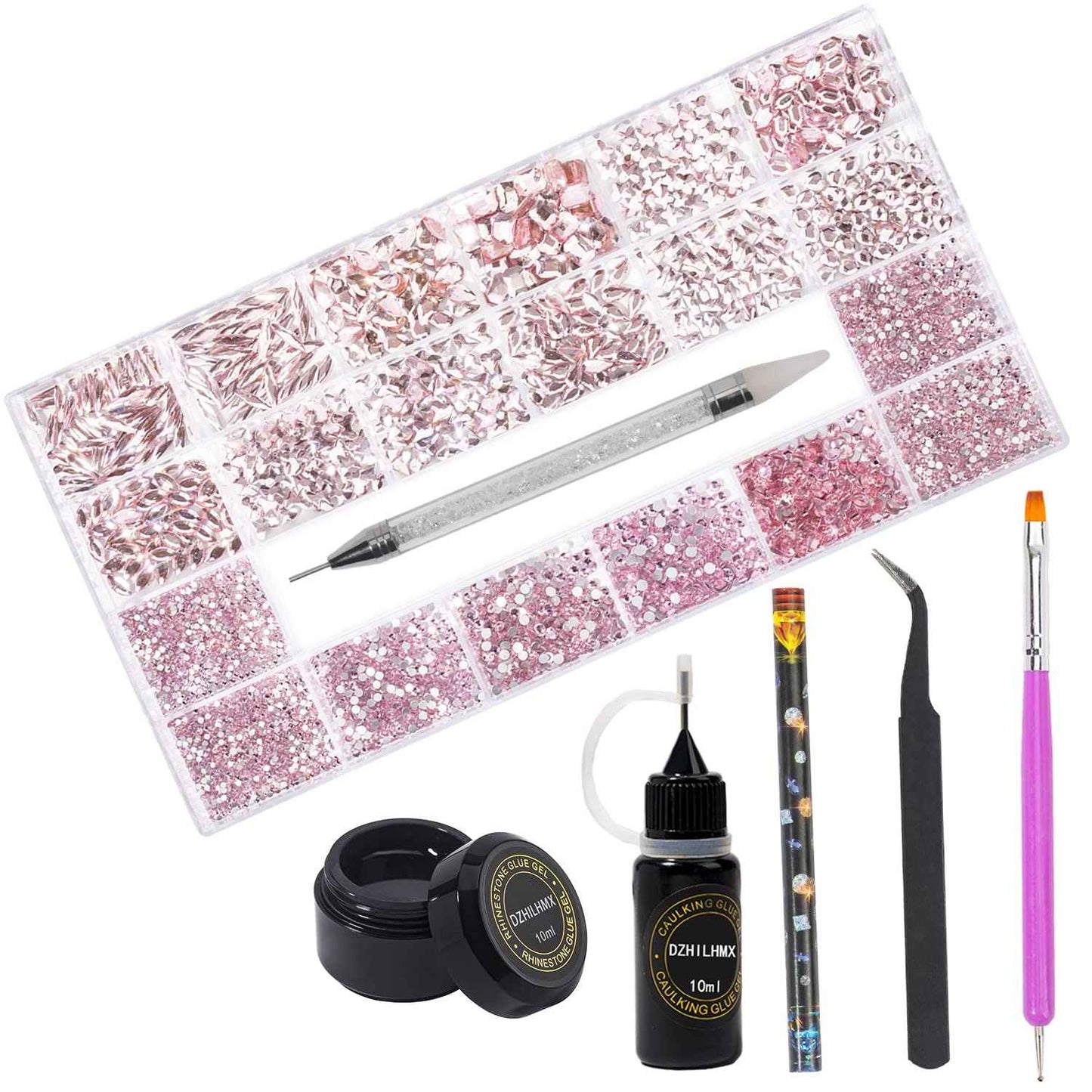 DZHILHMX Nail Rhinestones - 4300pcs Light Pink, Multiple Shape Gems, Flat Back Rhinestones, with Kit and Glue Gel, for Nail Art