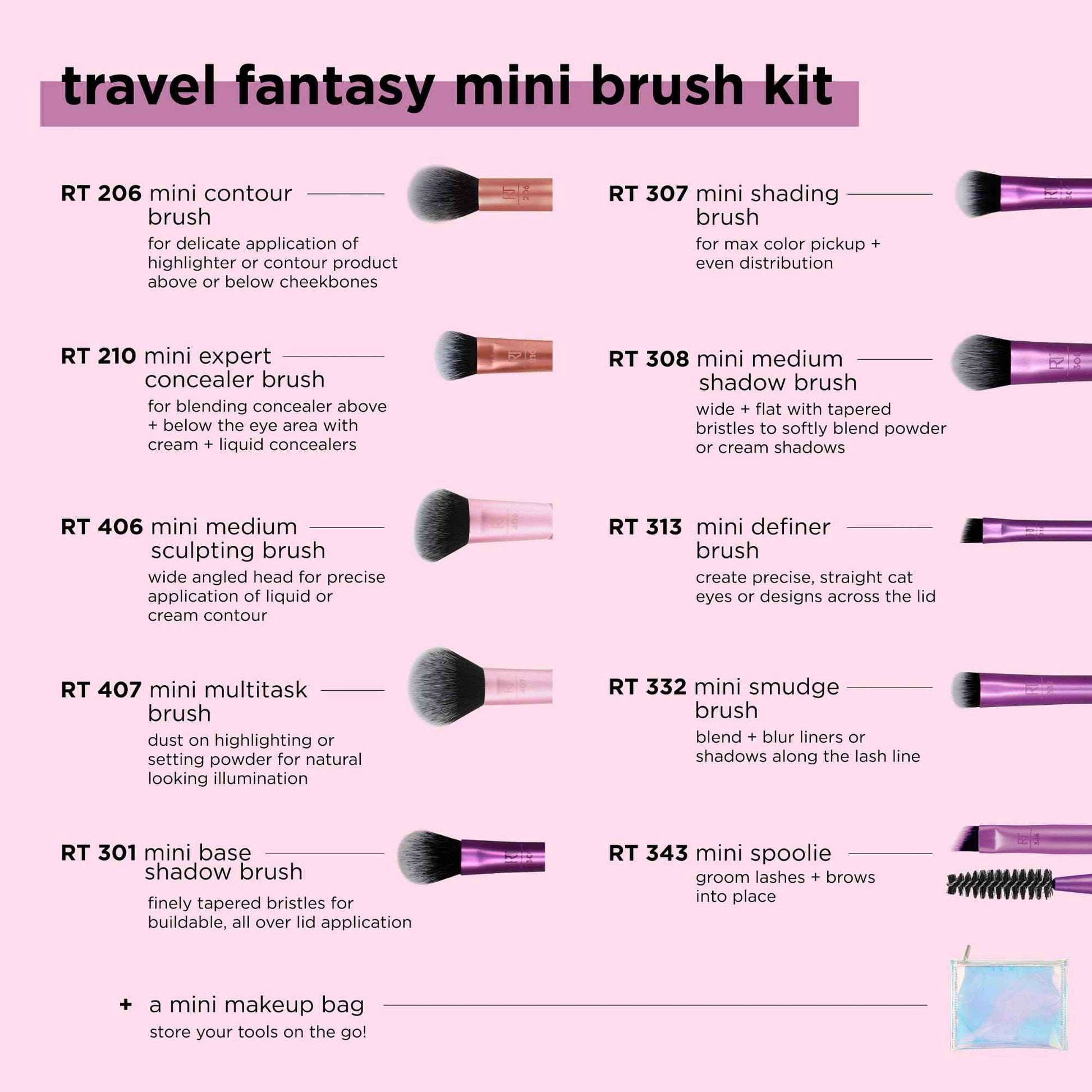 Real Techniques 11 Piece Travel Fantasy Mini Brush Set, Travel Size Makeup Brushes For Foundation Eyeshadow, Powder, Blush, Contour, & Concealer, Makeup Bag Included, Gift Set, Cruelty-Free