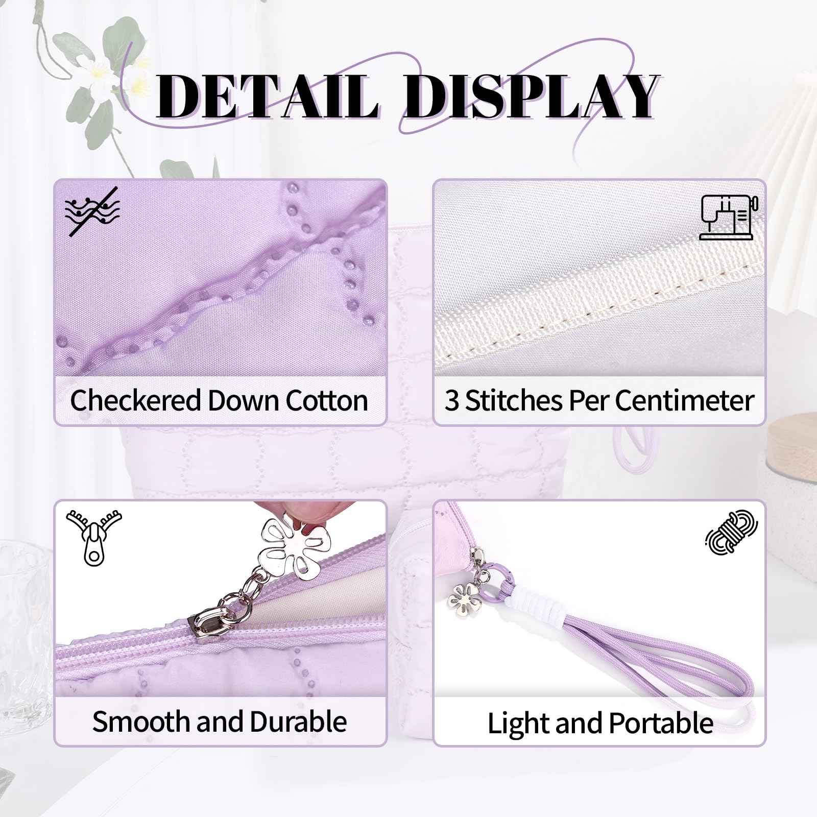 Richeart Makeup Bag Travel Toiletry Bag - Checkered Down Cotton Makeup Pouch for Women with Cosmetic and Pencil, Aesthetic Purple Design, Small