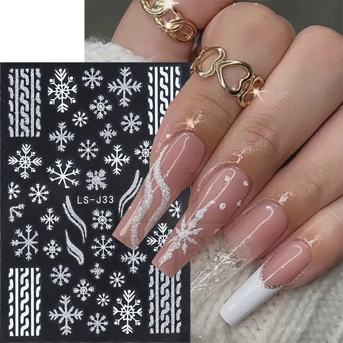 6 Sheets Snowflakes Nail Art Stickers Self-Adhesive Winter Nail Art Supplies Christmas Nail Stickers Glitter Snowflake French Stripe Design 3D White Gold Nail Decals for Women Xmas Nail Decor Charms