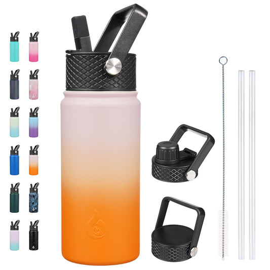 BJPKPK Insulated Water Bottles with Straw Lid, 18oz Stainless Steel Metal Water Bottle, Cold & Hot Water Bottle with 3 Lids, Leak Proof BPA Free Travel Cup, Wide Mouth Flasks, Thermos -Coral