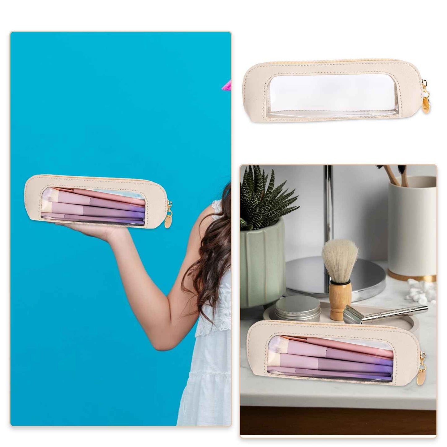 Psyqtsuary Small Clear Makeup Bag, PU Leather Travel Makeup Brush Case Portable Transparent Waterproof Cosmetic Organizer Pouch with Zipper for Women Home Travel Office Makeup Storage (White)