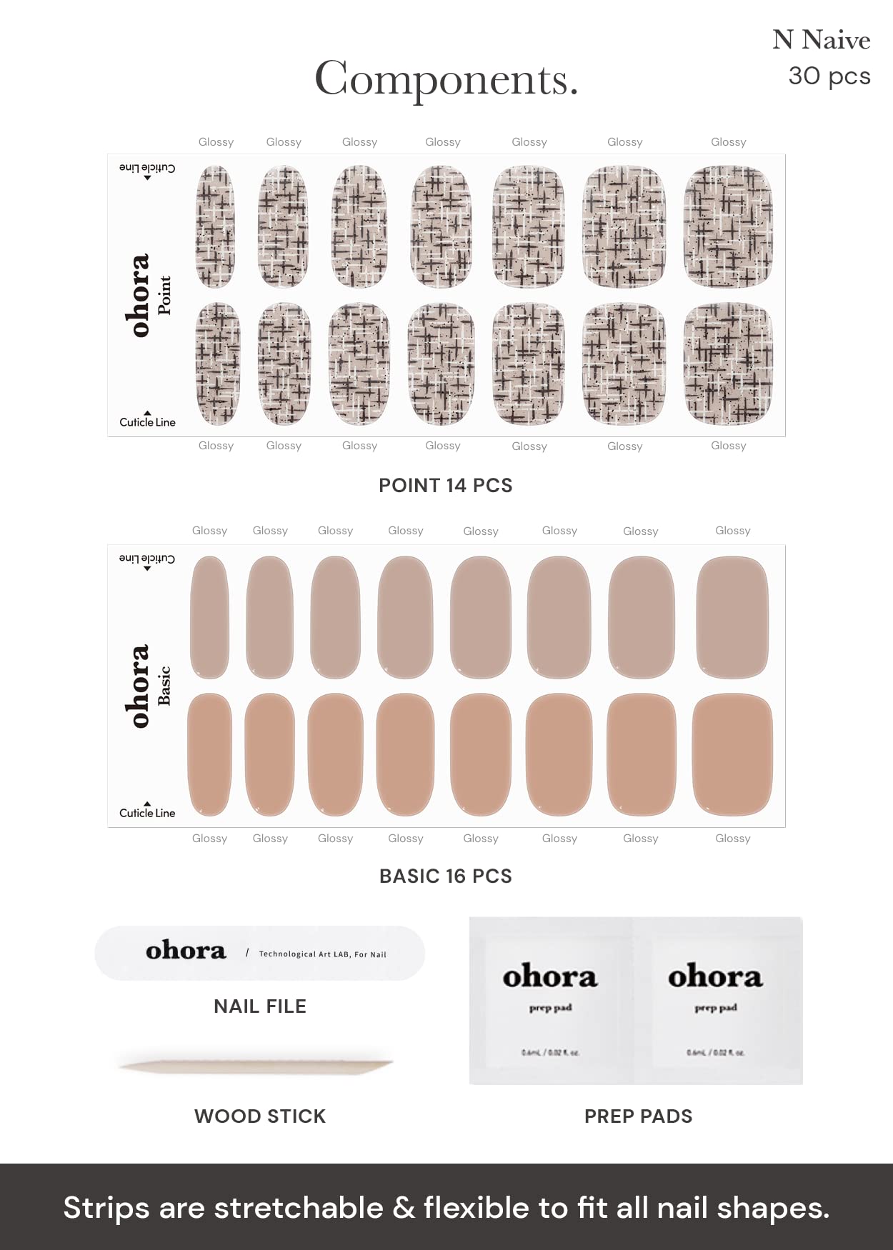 ohora Semi Cured Gel Nail Strips (N Naive) - Brown, Patterned, Works with Any UV/LED Nail Lamps, Salon-Quality, Long Lasting, Easy to Apply & Remove - Includes 2 Prep Pads, Nail File & Wooden Stick