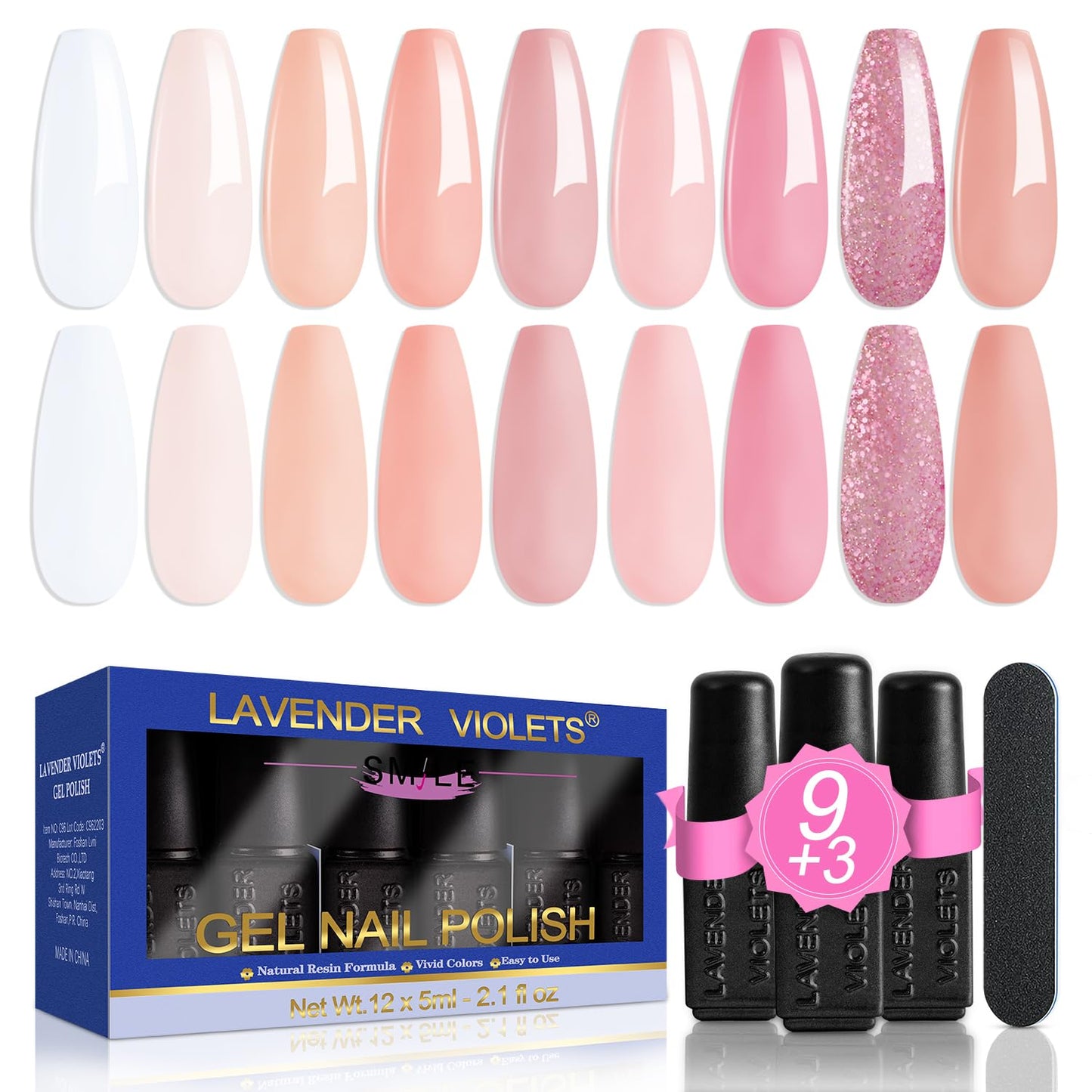 Lavender Violets 13 Pcs Semi-transparent Gel Nail Polish Kit with 9 Translucent Colors Coat, 3 Bottles of Base Top Matt Top Coat and Nail File for Soak-off UV LED Gel Nail Art Design C604D