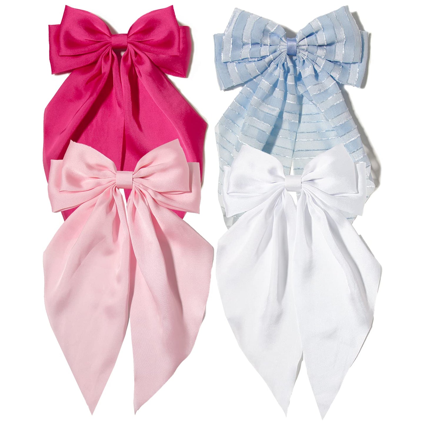 Furling Pompoms 4pcs Hair Bows Clips for Women,Large Satin Hair Bows Long-Tail Alligator Clips Big Hair Bow Girls Hair Accessories Pink Hot Pink White Blue Hair Bows