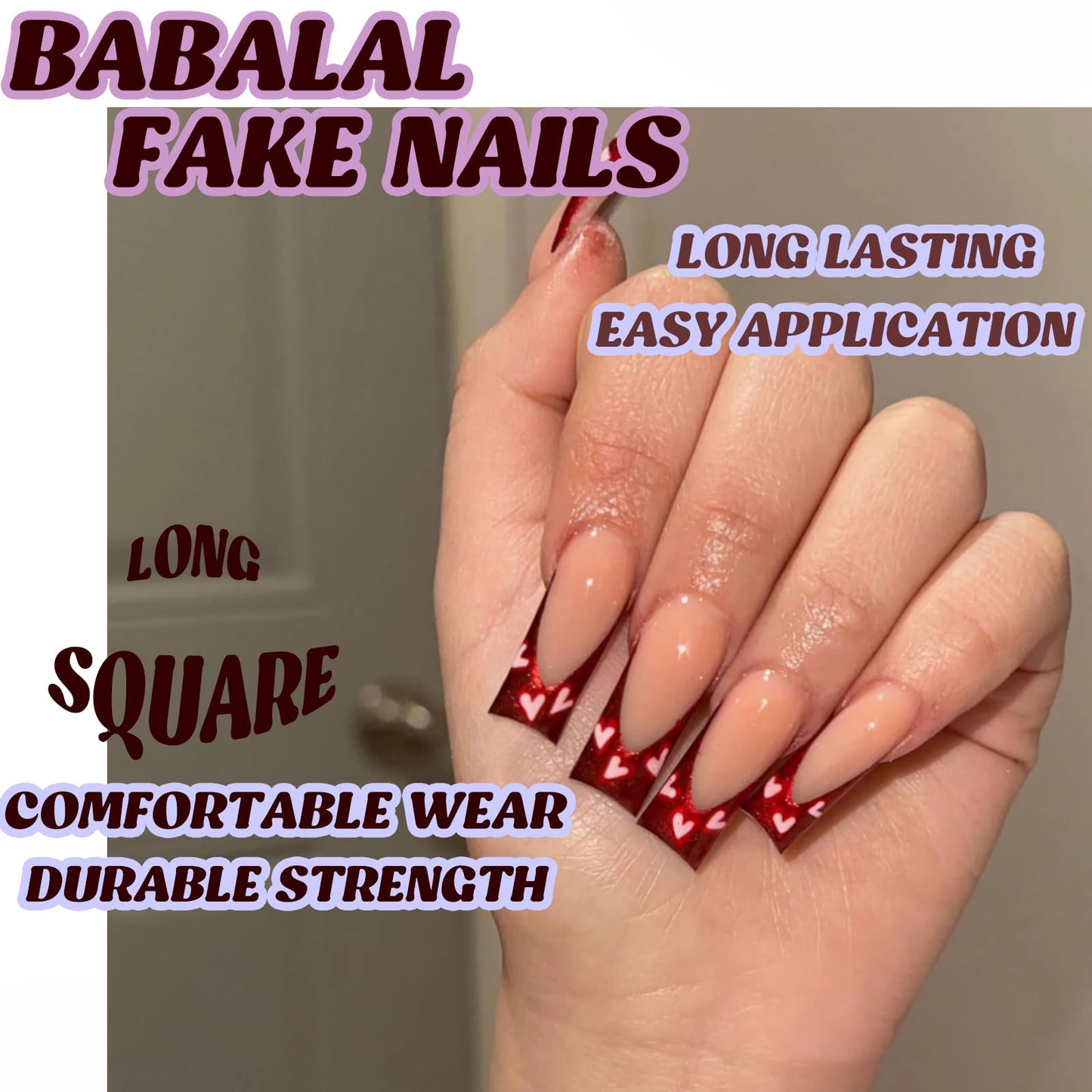 BABALAL Heart Press on Nails Long Square Fake Nails Red Chrome French Tip Glue on Nails Design Glitter Shiny Acrylic Nails 24Pcs Squoval Manicure False Nails for Women and Girls