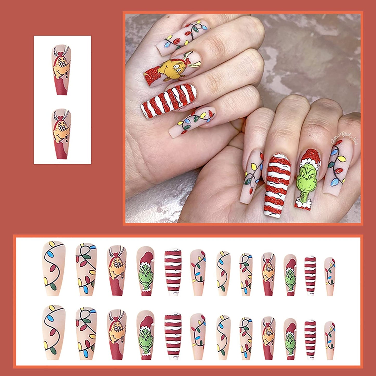 Christmas Press on Nails,Long Coffin Fake Nails Cartoon Red Full Cover False Nails with Design Grinch Winter Stick on Nails Xmas Artificial Acrylic Nails Christmas Nail Decorations Supplies for Women