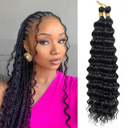 Eerya Long Curly Braiding Hair 18 Inch 2 Packs Ocean Wave Crochet Hair for Black Women Deep Wave Braiding Hair for Boho Braids（18 inch, 1B）