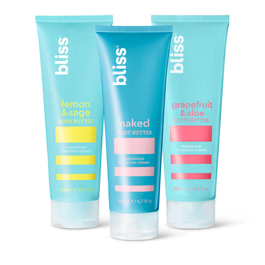 Bliss Intense Moisture Trio: Lemon and Sage Body Butter, Naked Body Butter Unscented, Grapefruit and Aloe Body Butter - Maximum Moisture Cream