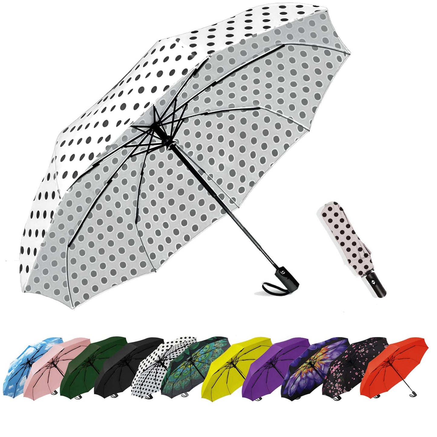 SIEPASA Windproof Travel Compact Umbrella-Automatic Umbrellas for Rain- Small Portable Windproof Umbrellas for Men Women Teenage. (White Polka Dots)