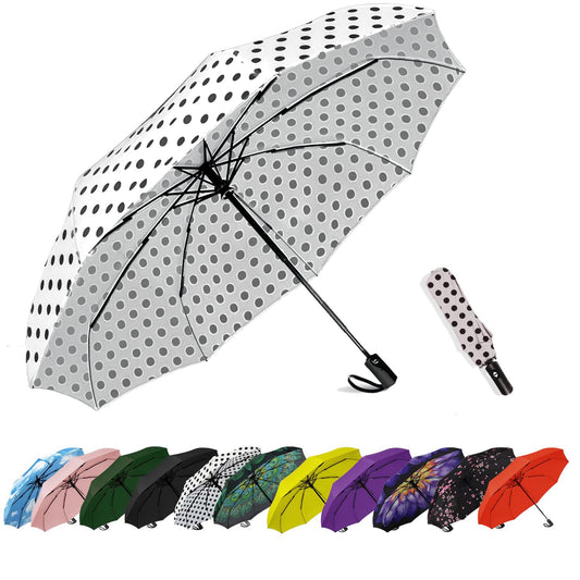 SIEPASA Windproof Travel Compact Umbrella-Automatic Umbrellas for Rain- Small Portable Windproof Umbrellas for Men Women Teenage. (White Polka Dots)