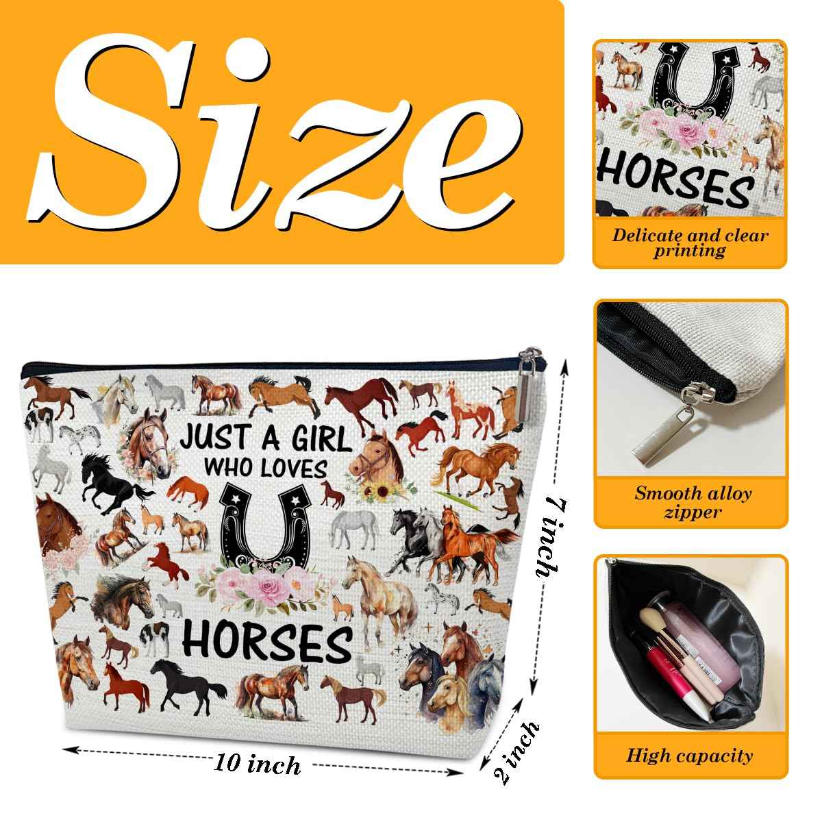 Ythuil Horse Makeup Bag Gift For Animal Lover, Pet Stuff Merch Cosmetic Pouch, Funny Birthday Christmas Gift For Pet Owner Sister Bestie Bff, Just A Girl Who Loves Horses