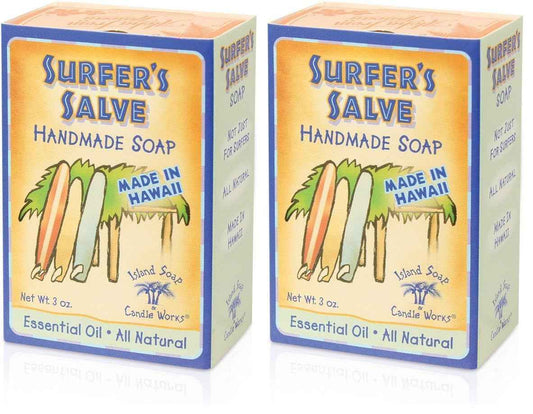 Island Soap & Candle Works Surfer's Salve Soap - Made in Hawaii w/Lavender & Tea Tree Essential Oil, Vitamin E, & Aloe - Soap for Sunburned or Damaged & Dry Skin - 3 Ounces (Pack of 2)