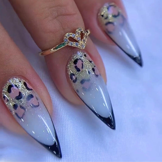 French Tip Press on Nails Long Stiletto Fake Nails with Black Nail Tips Leopard Unique Designs Full Cover Acrylic Almond False Nails Set White Glue on Nails Stick on Nails for Women Manicure 24Pcs