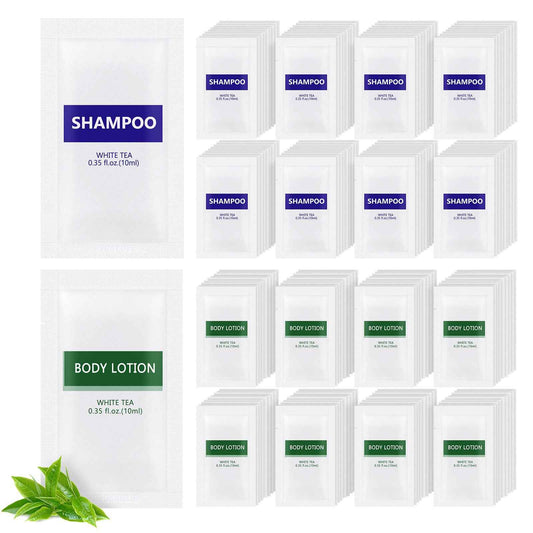 Travel Size Body Wash and Shampoo Bulk,Refreshing White Tea Scent,0.35 fl oz,Individually Wrapped Mini Shower Gel Shampoo Hygiene Kits for Travel/On The Go/Homeless Care/Hotel Guests(Pack of 200)