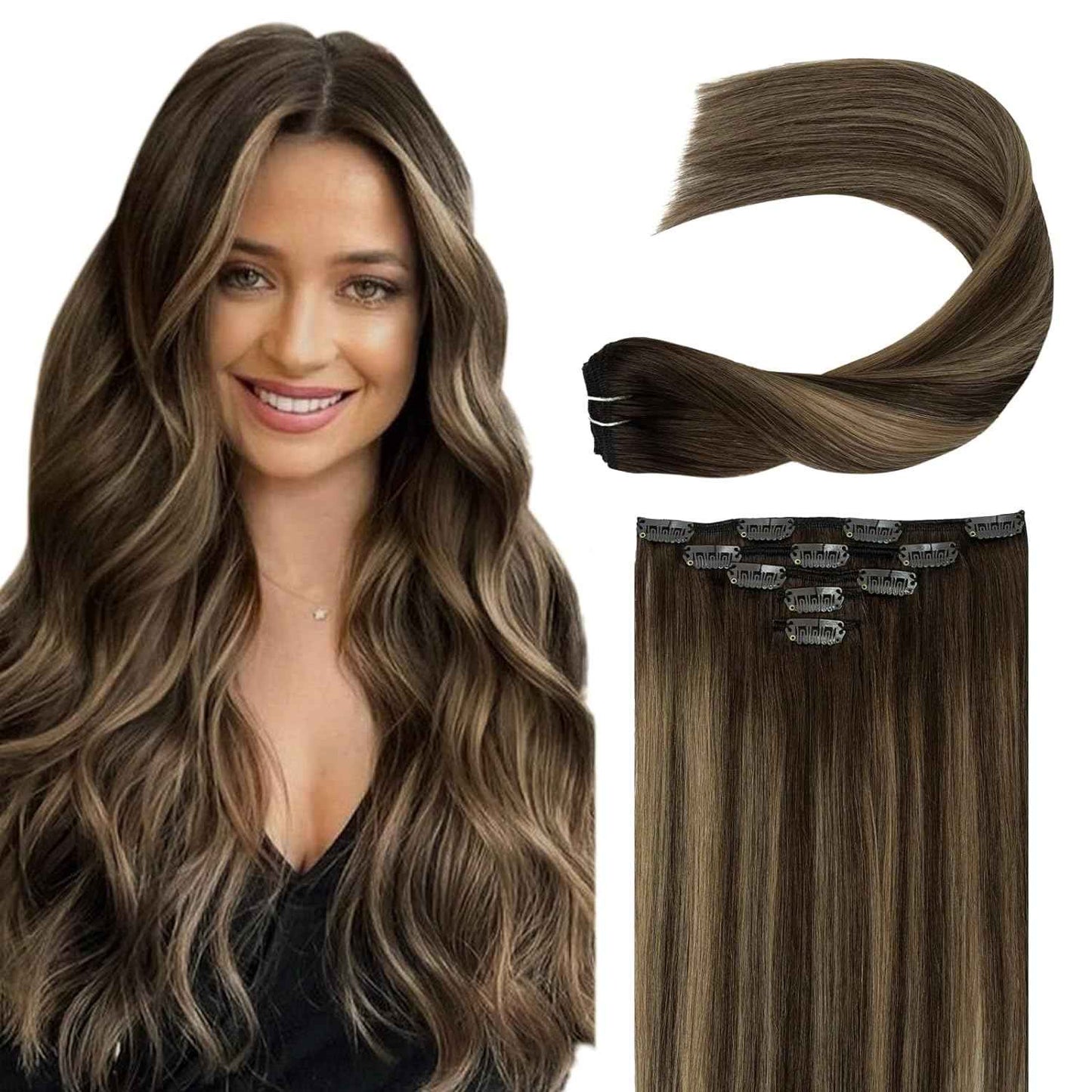 Balayage Clip in Real Human Hair Extensions Ombre Chocolate Brown to Caramel Blonde Natural Silky Straight Clip on Hair Extensions Double Weft Remy Brazilian Clip ins Hair 14 Inch 60G 5 PCS