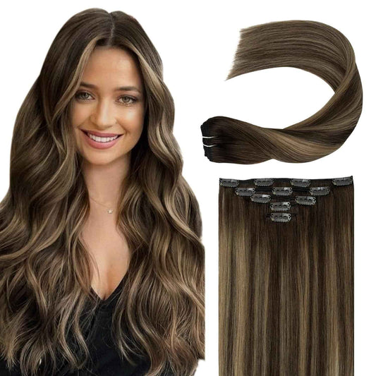 Balayage Clip in Real Human Hair Extensions Ombre Chocolate Brown to Caramel Blonde Natural Silky Straight Clip on Hair Extensions Double Weft Remy Brazilian Clip ins Hair 14 Inch 60G 5 PCS