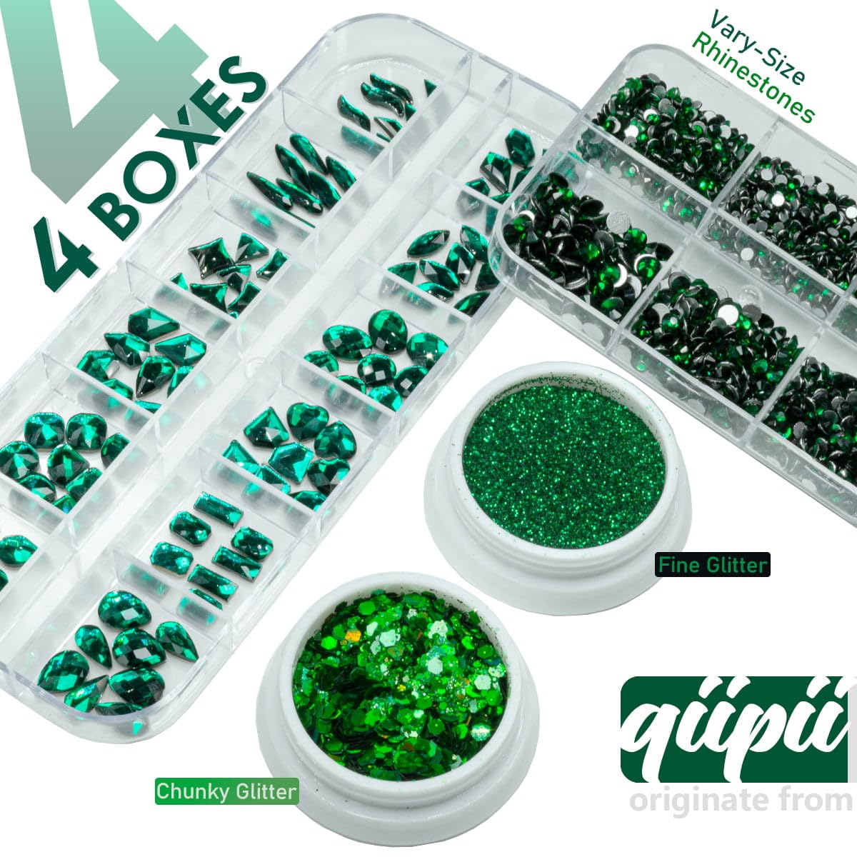 4 Boxes Green Nail Rhinestones Glitters Kit, 24 Shapes K9 Glass Emerald Green Gems Flatback Round Gems Stones Diamonds Crystals Nail Art Supplies Nail Charms for Acrylic Nails Faces Body DIY Crafts