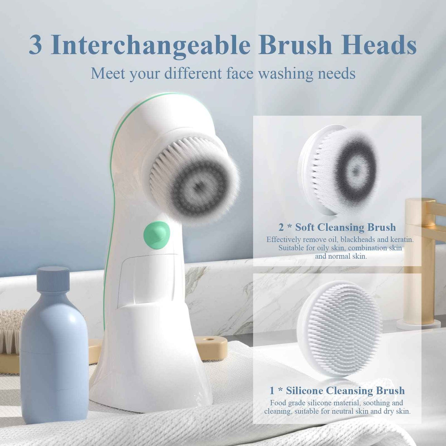 TOUCHBeauty Facial Cleansing Brush Electric, Face Cleansing Brush with Stand, 3 Brush Heads, 2 Speeds, IPX5 Waterproof, Battery-Powered, Suitable for All Skin Types, TB-0759D