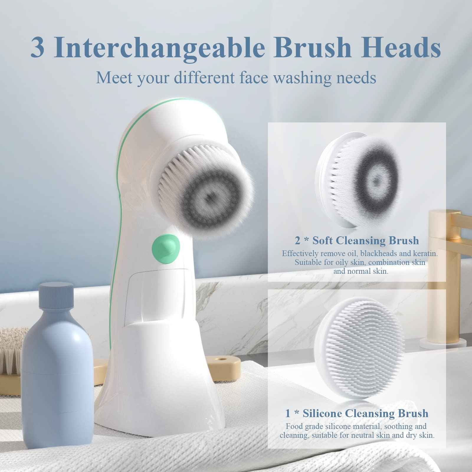 TOUCHBeauty Facial Cleansing Brush Electric, Face Cleansing Brush with Stand, 3 Brush Heads, 2 Speeds, IPX5 Waterproof, Battery-Powered, Suitable for All Skin Types, TB-0759D