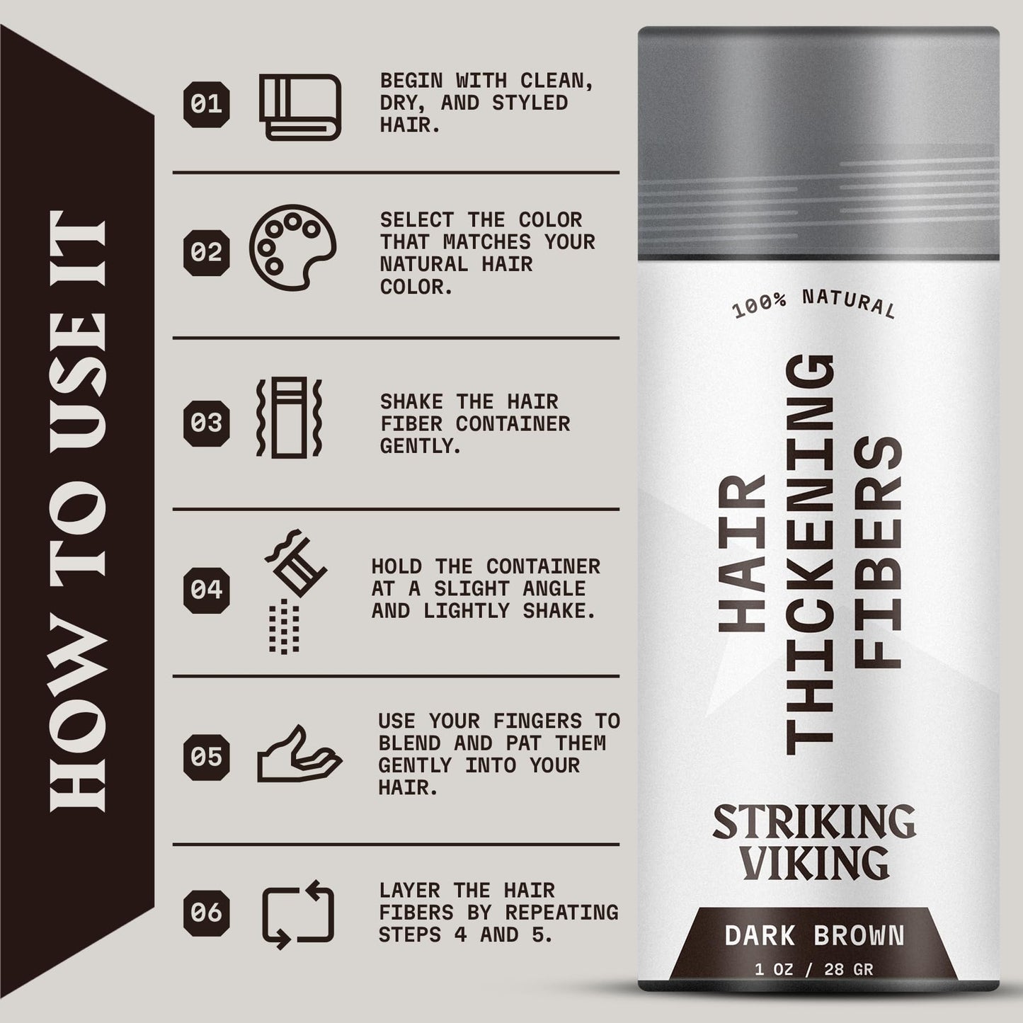 Striking Viking Hair Fibers for Thinning Hair - Hair Building Fibers (Dark Brown) 28g - Naturally Derived Formula - Long Lasting Hair Powder for Undetectable, Thicker Looking Hair for Men & Women