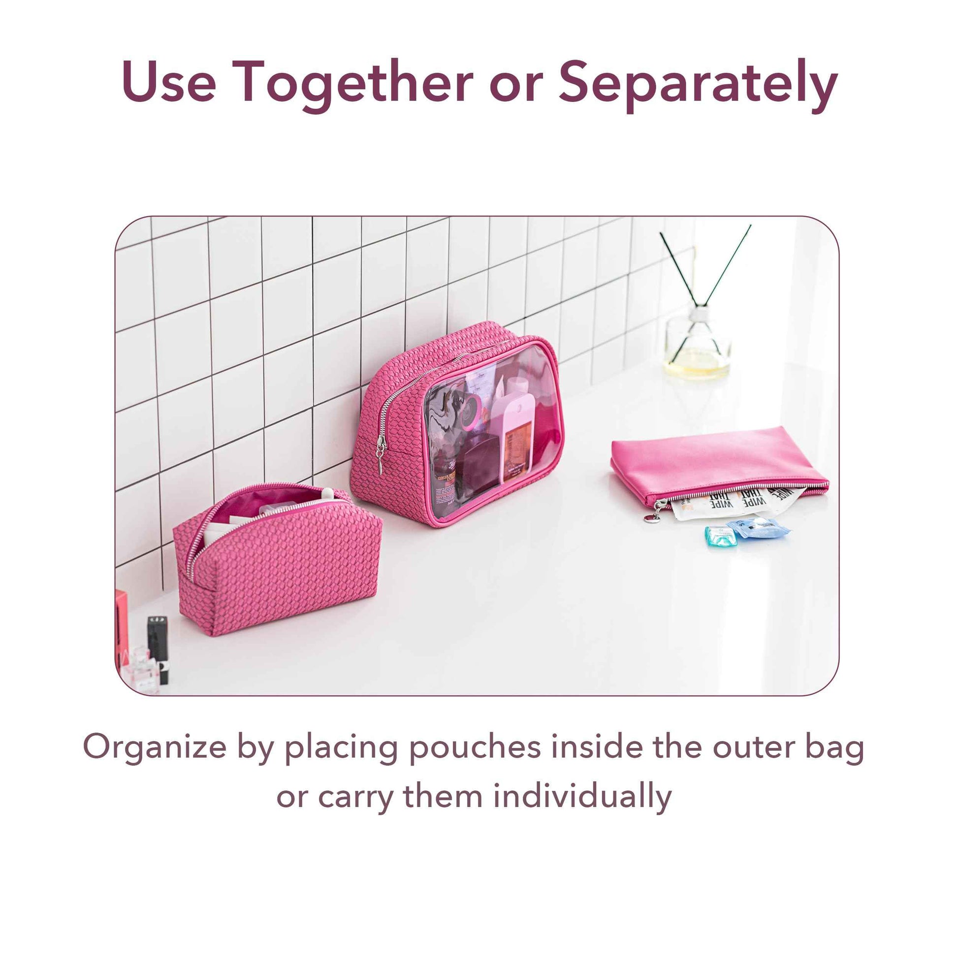 Sylune 3-in-1 Clear Toiletry Bag Set – Waterproof Travel Makeup Organizer with Textured Pouches, Transparent Cosmetic Case for Women (Pink)