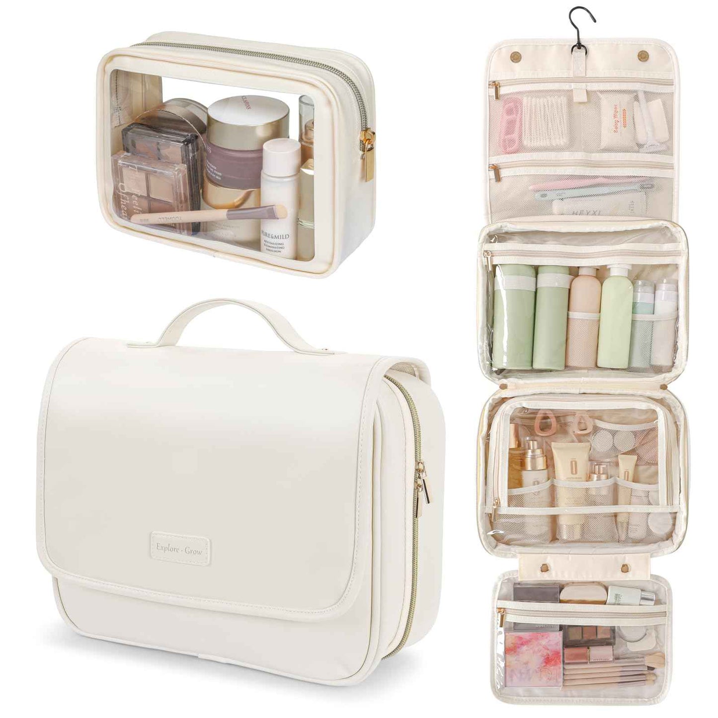 PACKISM Hanging Travel Bag for Traveling with Clear Makeup Bag - Soft Leather Waterproof Travel Toiletry Bag for Full-Sized Toiletries and TSA Approved Toiletry Bag, Off White (L)