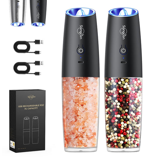 Sangcon Gravity Electric Salt and Pepper Grinder Set Shakers - UPGRADED RECHARGEABLE 9OZ XL Capacity USB-C No Battery Needed - LED Light One Hand Operation, Adjustable Coarseness Automatic Mill Set