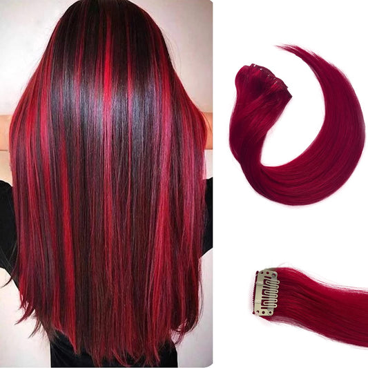 Belaved 6Pcs Red Clip in Hair Extensions Colored Hair Extensions 16inch Long Straight Hairpiece Clip ins Colorful Hair Extensions Hair Acessories for Women Girls Daily Party Cosplay Chritmas Gift