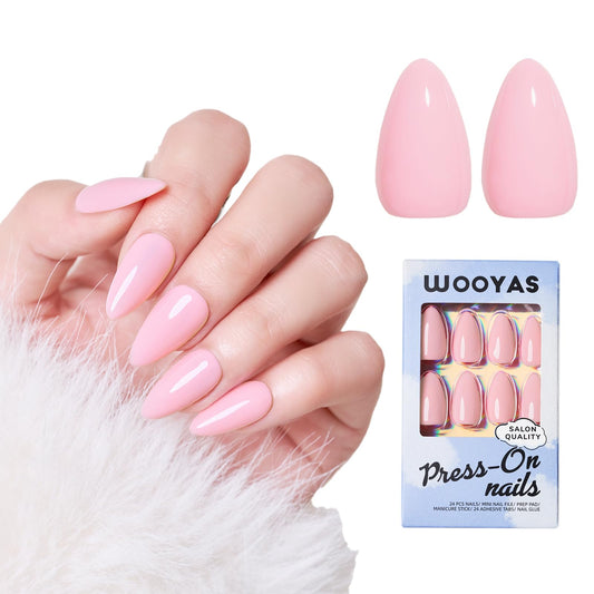 Wooyas Press on Nails Almond, Soft Pink Medium Handmade Gel Fake Nails Reusable ，Lightweight Natural Glossy Fake Nail in 12 Sizes - 24 Pcs Soft Gel Glue On Nails Kit for Women Gift