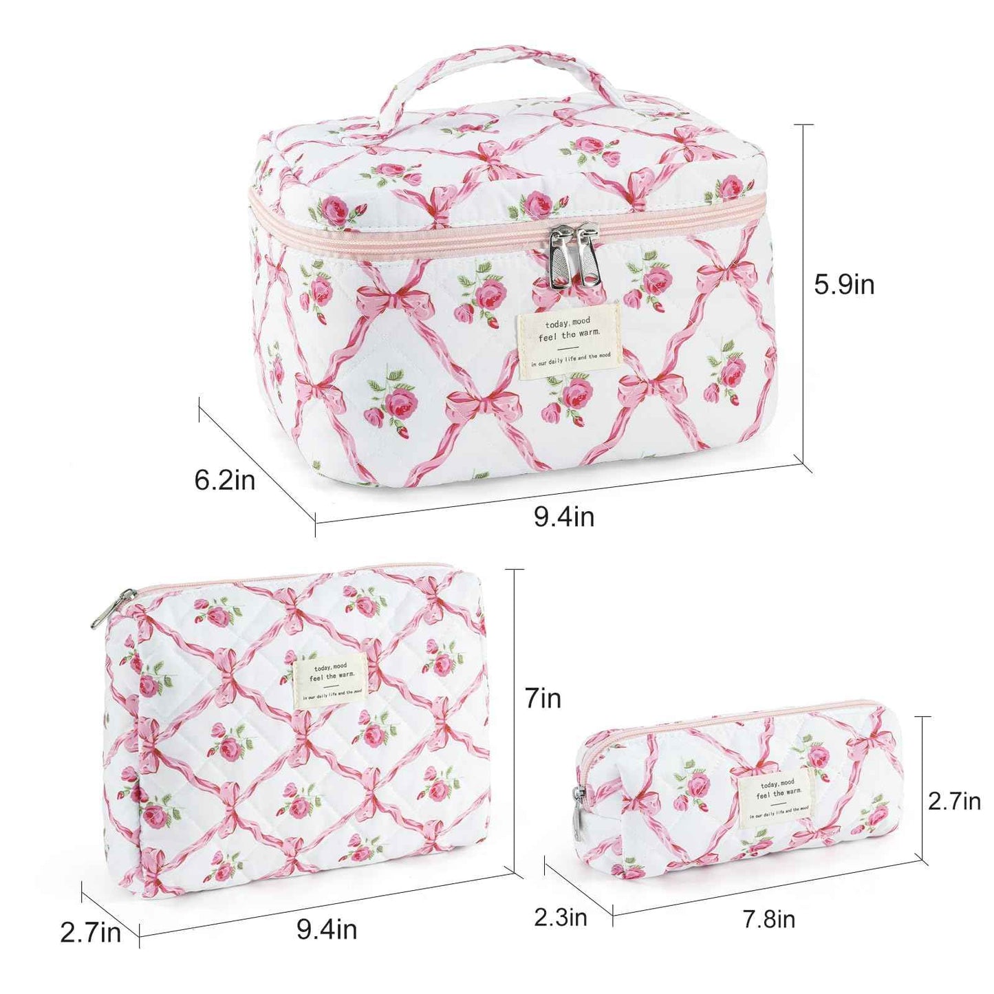 UUYUUY Makeup Bag for Women 3PCS Quilted Cotton Make Up Bag Travel Cosmetic Bag Large Makeup Bag Set Cute Bow Makeups Organizer Floral Toiletry Pouch for Purse, Pink