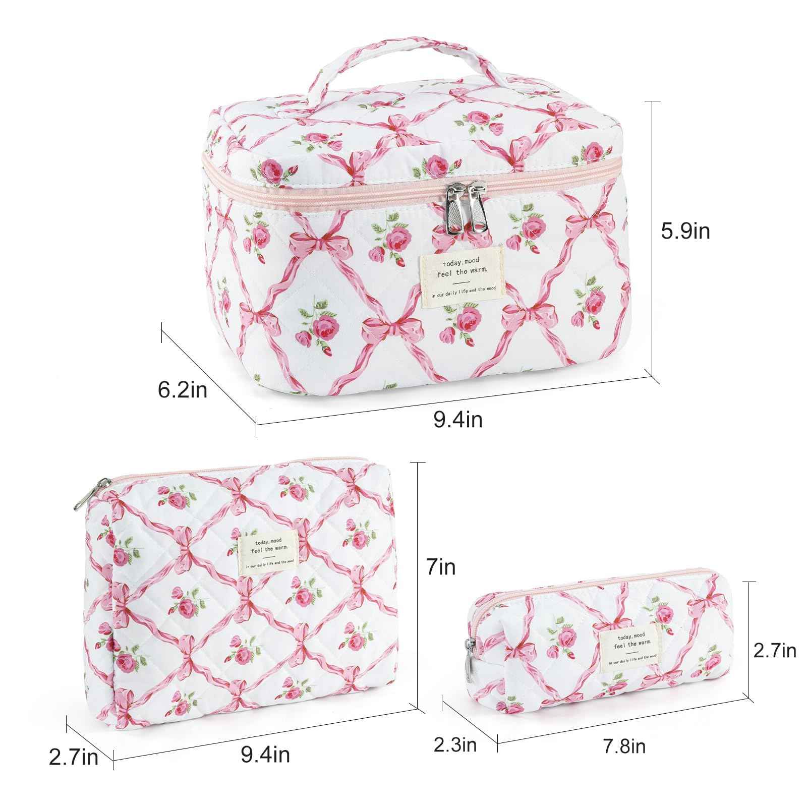 UUYUUY Makeup Bag for Women 3PCS Quilted Cotton Make Up Bag Travel Cosmetic Bag Large Makeup Bag Set Cute Bow Makeups Organizer Floral Toiletry Pouch for Purse, Pink