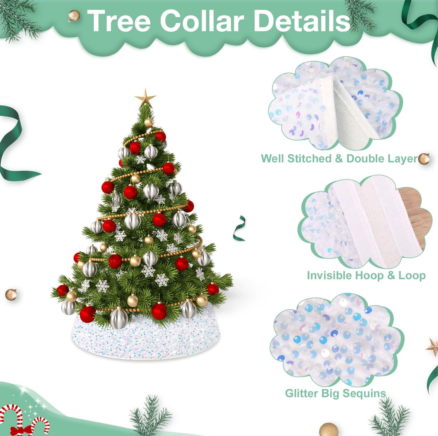 FCSJOST Christmas Tree Collar White Round Sequin Christmas Tree Ring Tree Skirts 23.6 Inch Iridescent White Xmas Tree Collars for Atificial Trees Elegant Christmas Tree Skirt for Holiday Feast Decor