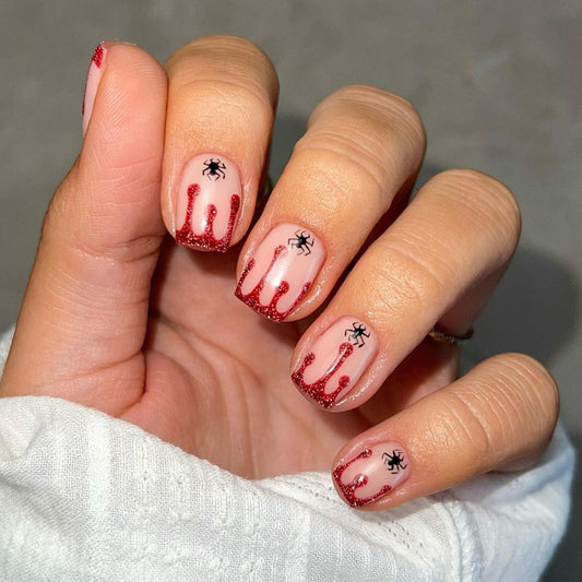 Short Square Press on Nails Halloween Fake Nails French Tip Acrylic Nails Short False Nails with Red Blood Spider Designs Full Cover Artificial Nails Glossy Stick on Nails Cute Glue on Nails 24Pcs