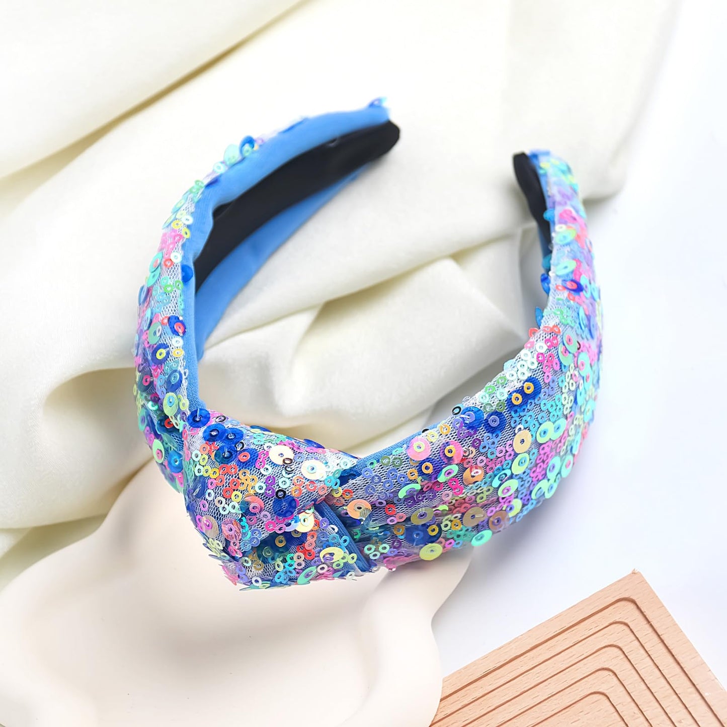 Doneace Sequin Knotted Headband for Women Girls Sparkly Blue Knotted Hairband Glitter Hair Hoop Fashion Hair Accessories for Costume Decorations Party Supplies 1PCS