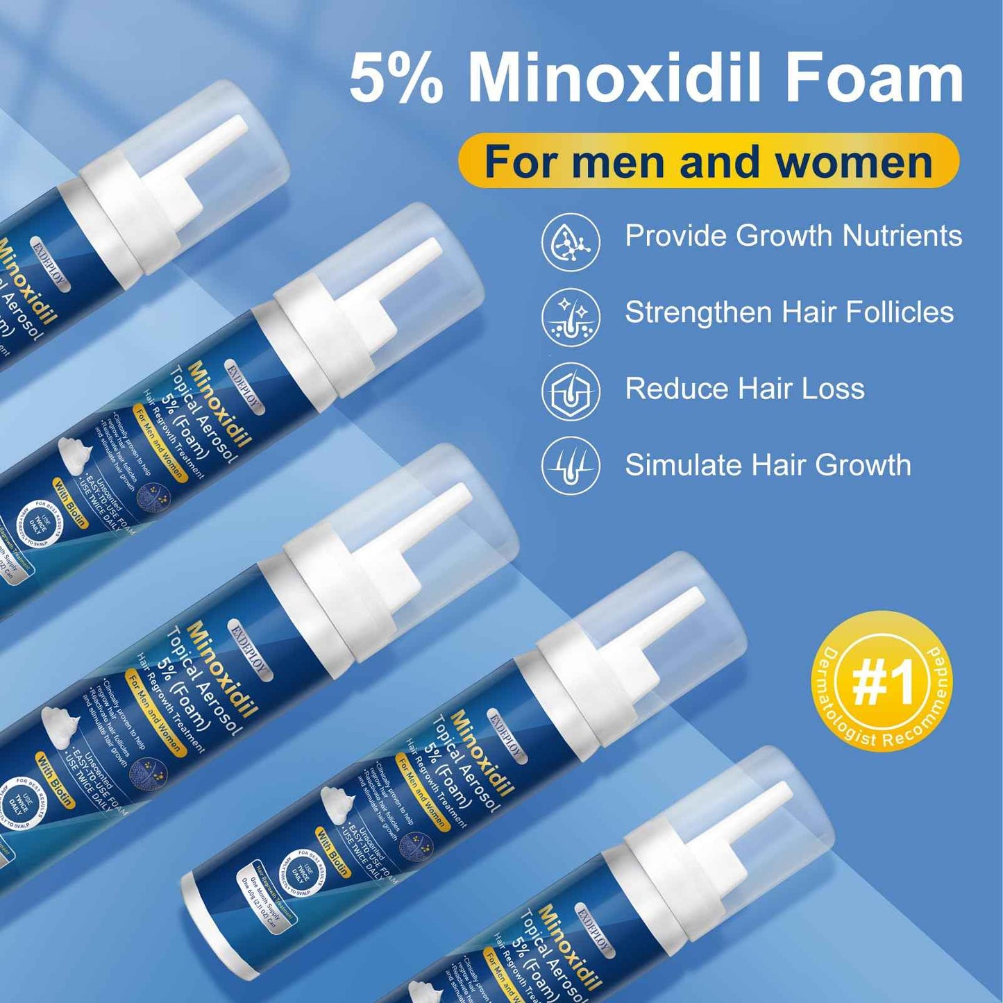 5% minoxidil foam for men-5pack， Infused with Biotin, Hair Growth Treatment, Supports Thicker and Fuller Hair & Beard (10.5oz, 5 Month Supply)