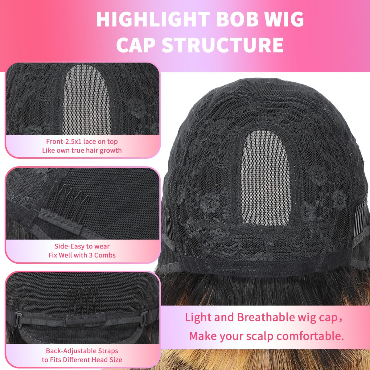 Bob Wig with Bangs Human Hair P4/27 Straight Wig Human Hair Short Human Hair Glueless Wear Wig Ombre Blonde Highlight Short Bob Wigs for Black Women 2.5X1 inch Bob Wig Human Hair 10Inch Short Bob