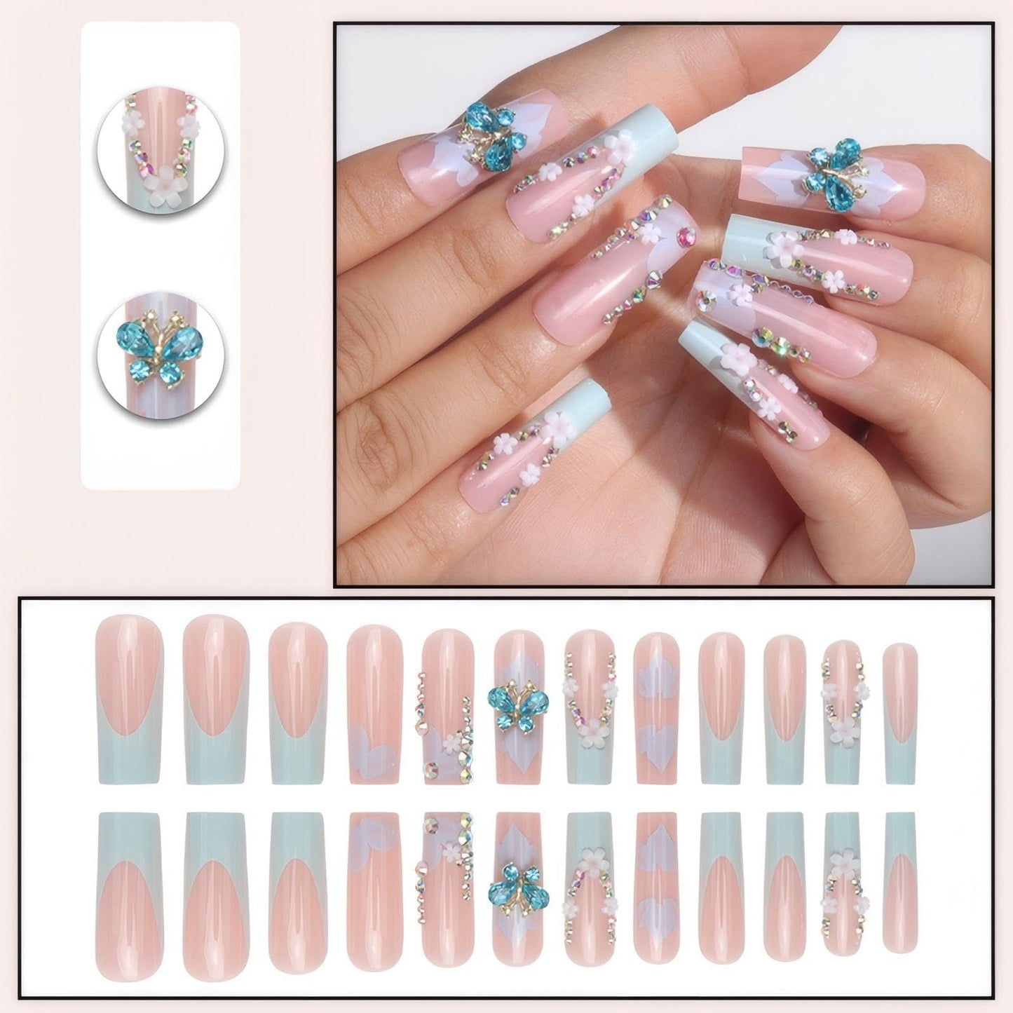 Rchovsam Xl Long Square Press on Nails Light Green French False Nails Blue Diamond Butterfly Design Fake Nails Floral Diamond Glue on Nails for Women 24pcs