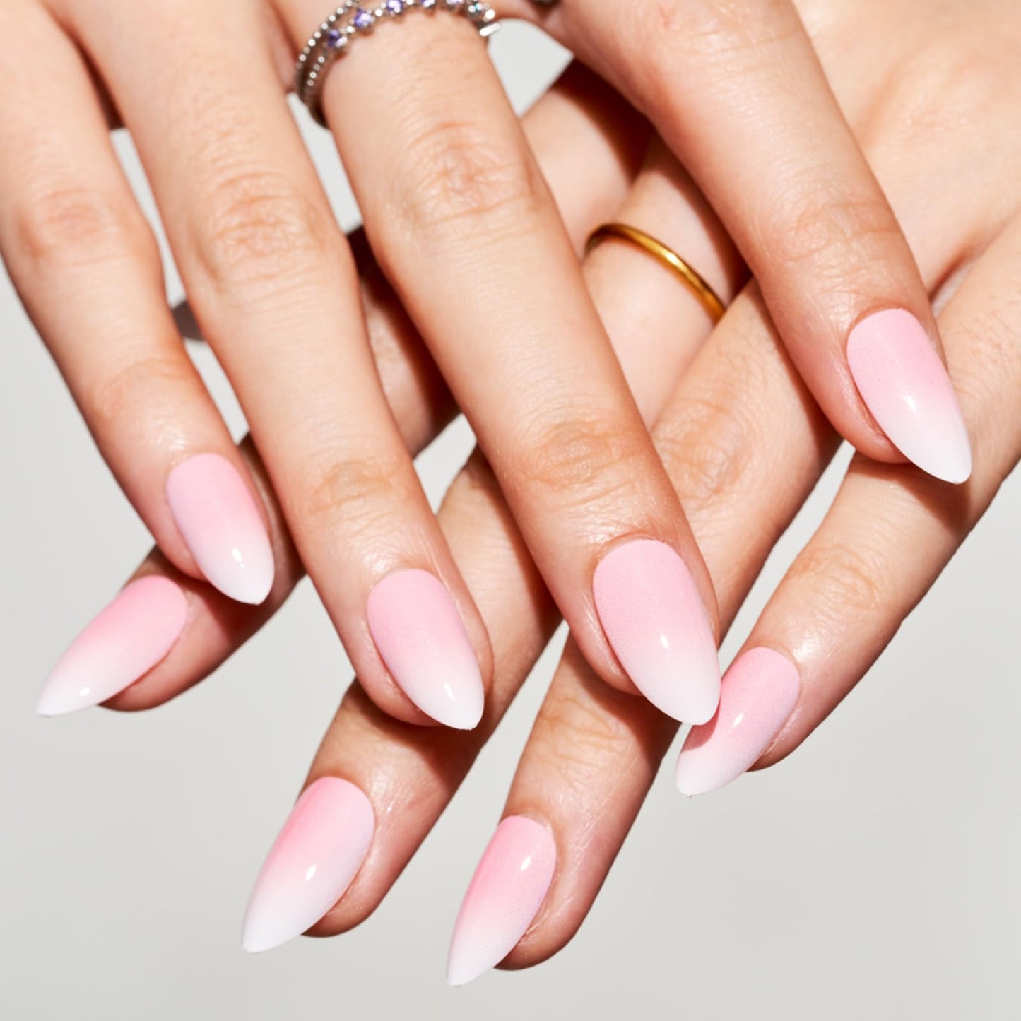 GLAMERMAID Press on Nails Short Almond, Summer Pink Ombre French Tip Glue on Gel Nails, Short Stiletto Acrylic False Nails Kits Reusable UV Finish Full Cover Stick on Nails for Women Gift