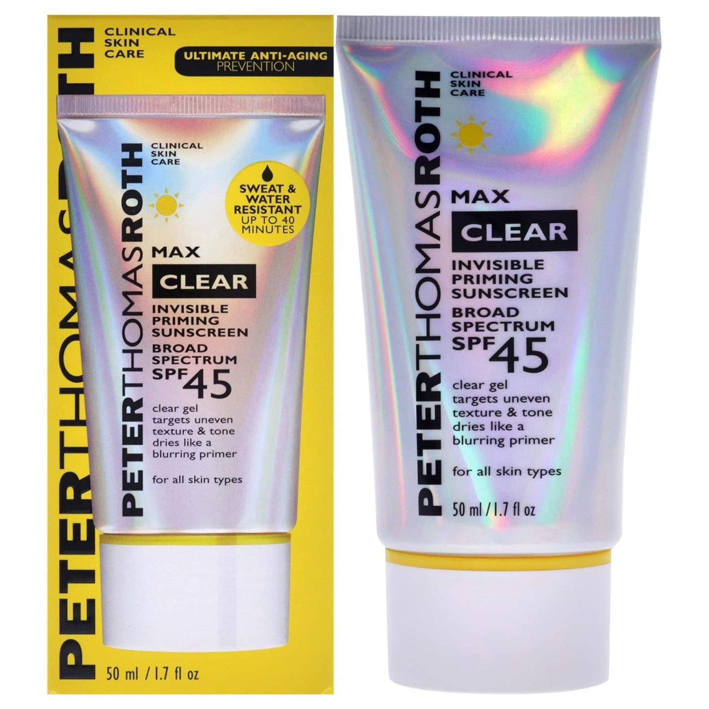 Peter Thomas Roth | Max Clear Invisible Priming Sunscreen Broad Spectrum SPF 45 | Makeup Primer with SPF, Water-Resistant Sunscreen Gel with Silky Finish, 1.7 fl. oz.