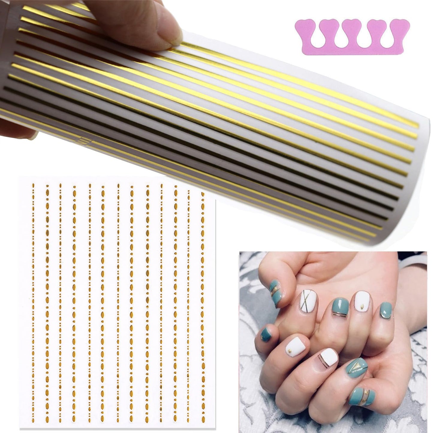 22 Sheets 3D Nail Adhesive Stickers for Women Gold Metallic Chain Line Nail Stickers Diamond Design Luxury Nail Art Decoration with with Tweezers Nail File Separators