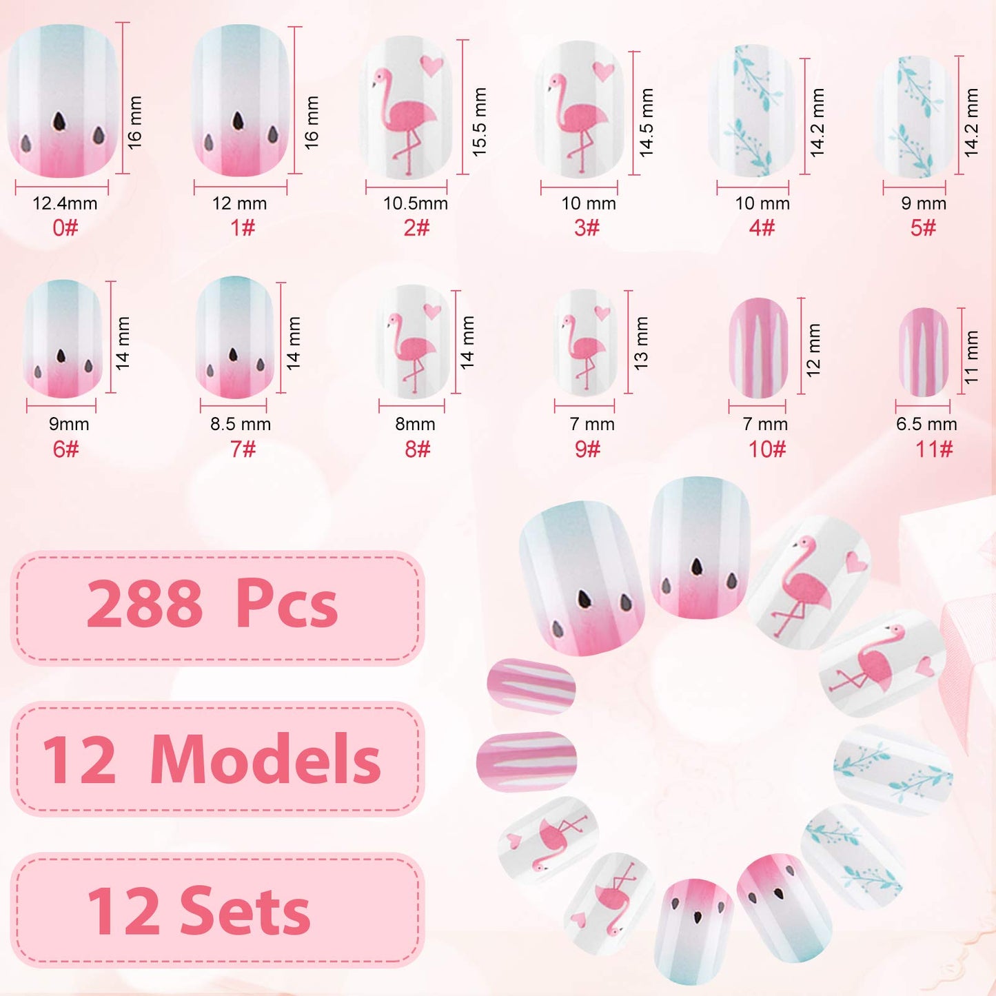 240 Pieces 12 Sets Press on Nails for Kids Girls Fake Nails Artificial False Fingernail Pre-glue Full Cover Cartoon Gradient Short Nail Tip for Girls Kids Nail Decoration