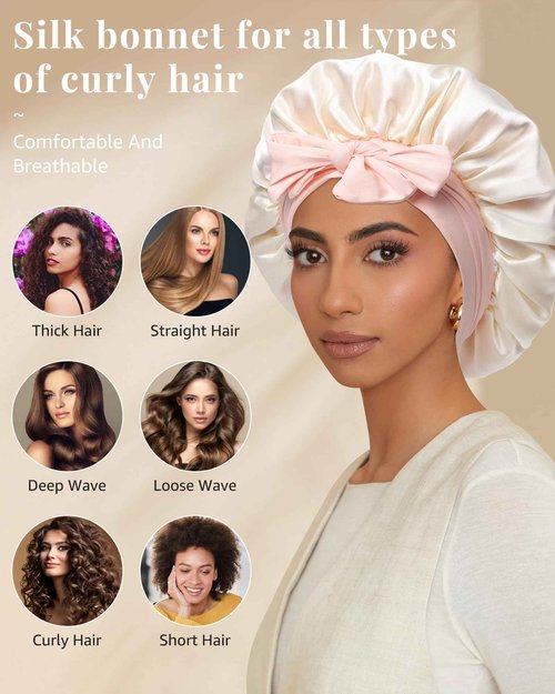 AWAYTR Silk Bonnet for Sleeping Women 100% Mulberry Silk Bonnet with Band 2 Layer Reversible Hair Bonnet Sleeping Hair Wrap (Pink/Beige)