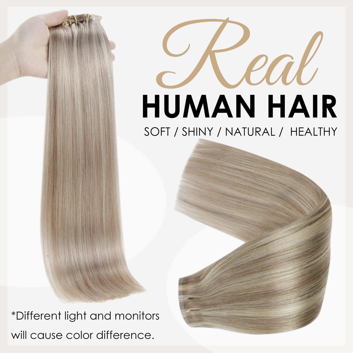 Full Shine Hair Extensions Real Human Hair Clip ins Blonde Highlight Seamless Clip in Human Hair Extensions 18 Inch 8 Pcs PU Clip in Extensions Skin Weft Clip in Hair Extensions 120 Grams