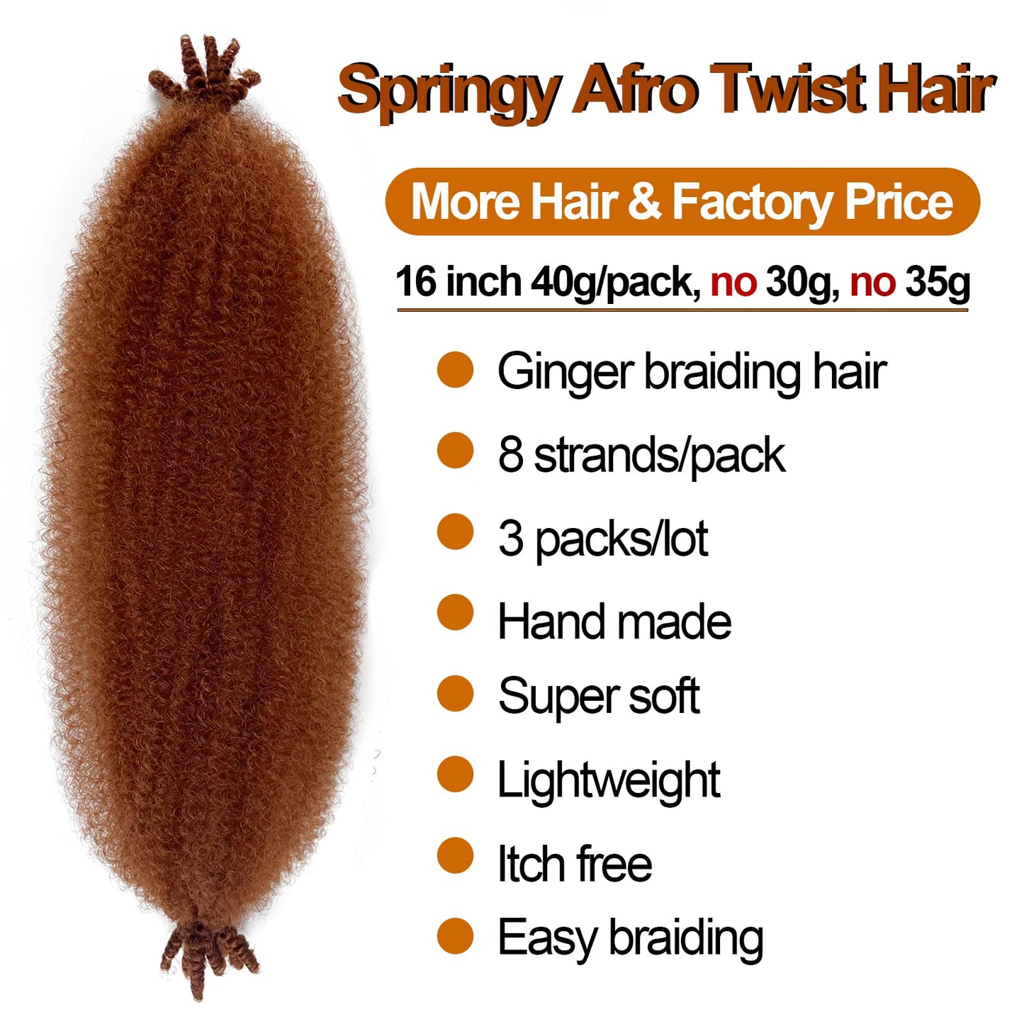 Marley Twist Braiding Hair 16 Inch Ginger Curly Braiding Hair 350 Springy Afro Twist Hair Red Copper Kinky Twist Hair for Braiding 3 Packs Cuban Twist Hair for Distressed Faux Locs (16in 8P 350)…