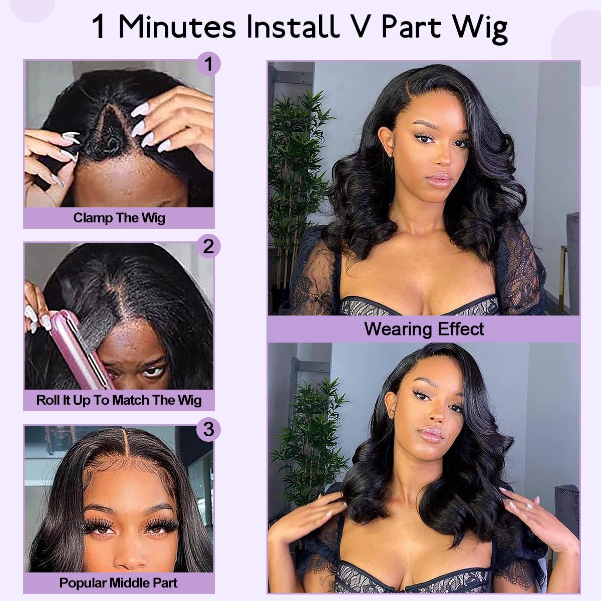 Emistar Wavy V Part Wig Wear And Go Glueless U Part Wig Body Wave Natural Black Synthtic Hair Soft As Human Hair Half Wigs For Black Women (Black, 14 Inch)