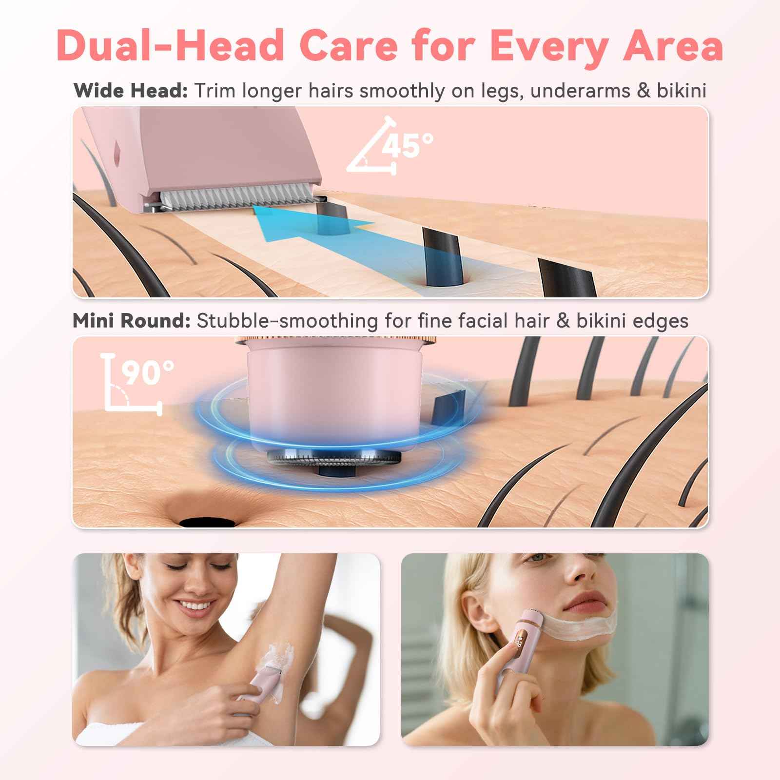 Fanovae Dual-Head Bikini Trimmer for Women – 2-in-1 Electric Razor, IP67 Waterproof Wet & Dry Pubic Hair Trimmer, Face & Body Shaver with LED% Display, USB-C Rechargeable-X1 Pro Petal Pink